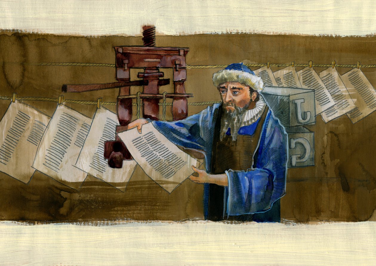 Portret Johannesa Gensfleischa dit Gutenberga (1400-1468), niemieckiego drukarza (Portret Johannesa Gutenberga) Ilustracja: Alessandro Lonati autorstwa Alessandro Lonati