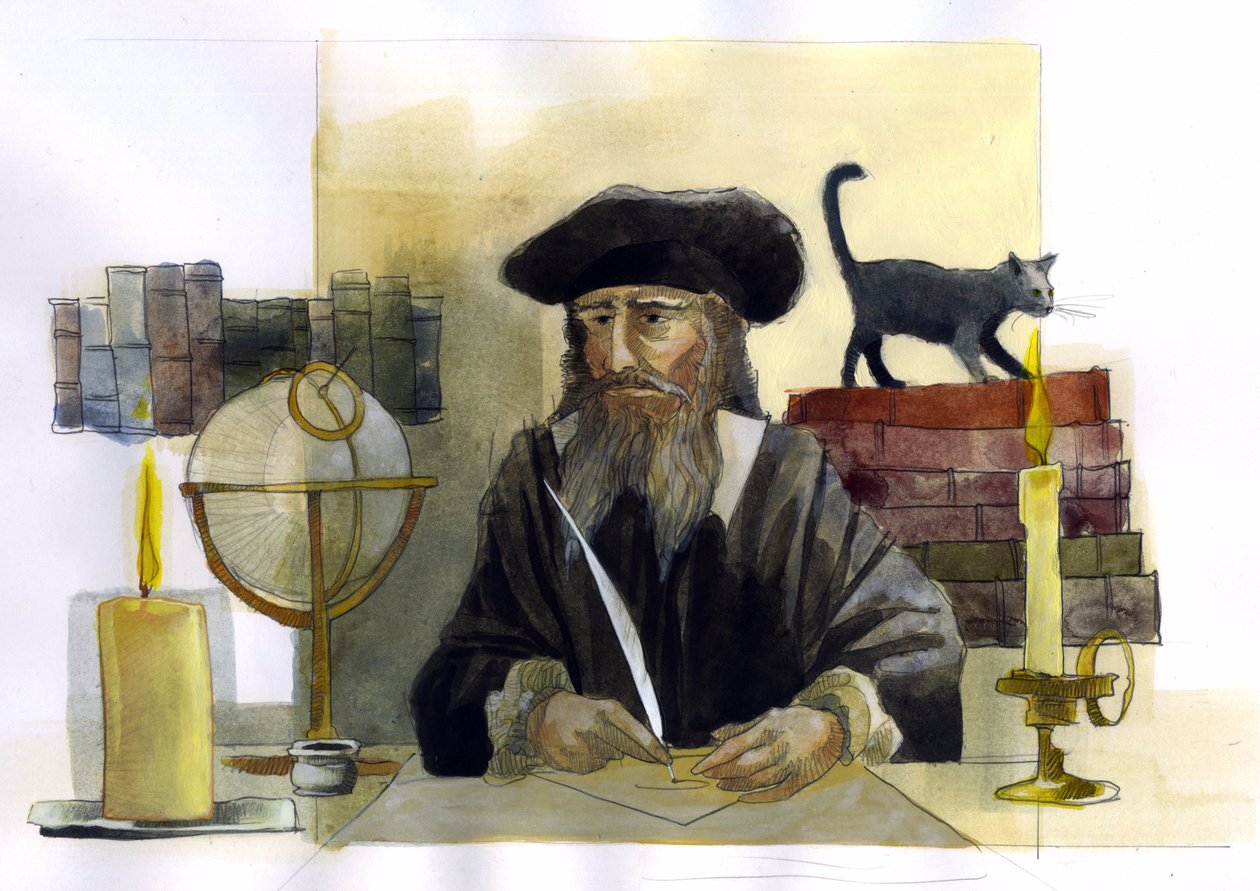 Portret Michel de Notre Dame (Nostradamus) angielskiego astrologa - Portret Nostradamusa, Michel de Notre Dame (1503-1566) astrolog i doktor francais Ilustracja: Alessandro Lonati autorstwa Alessandro Lonati