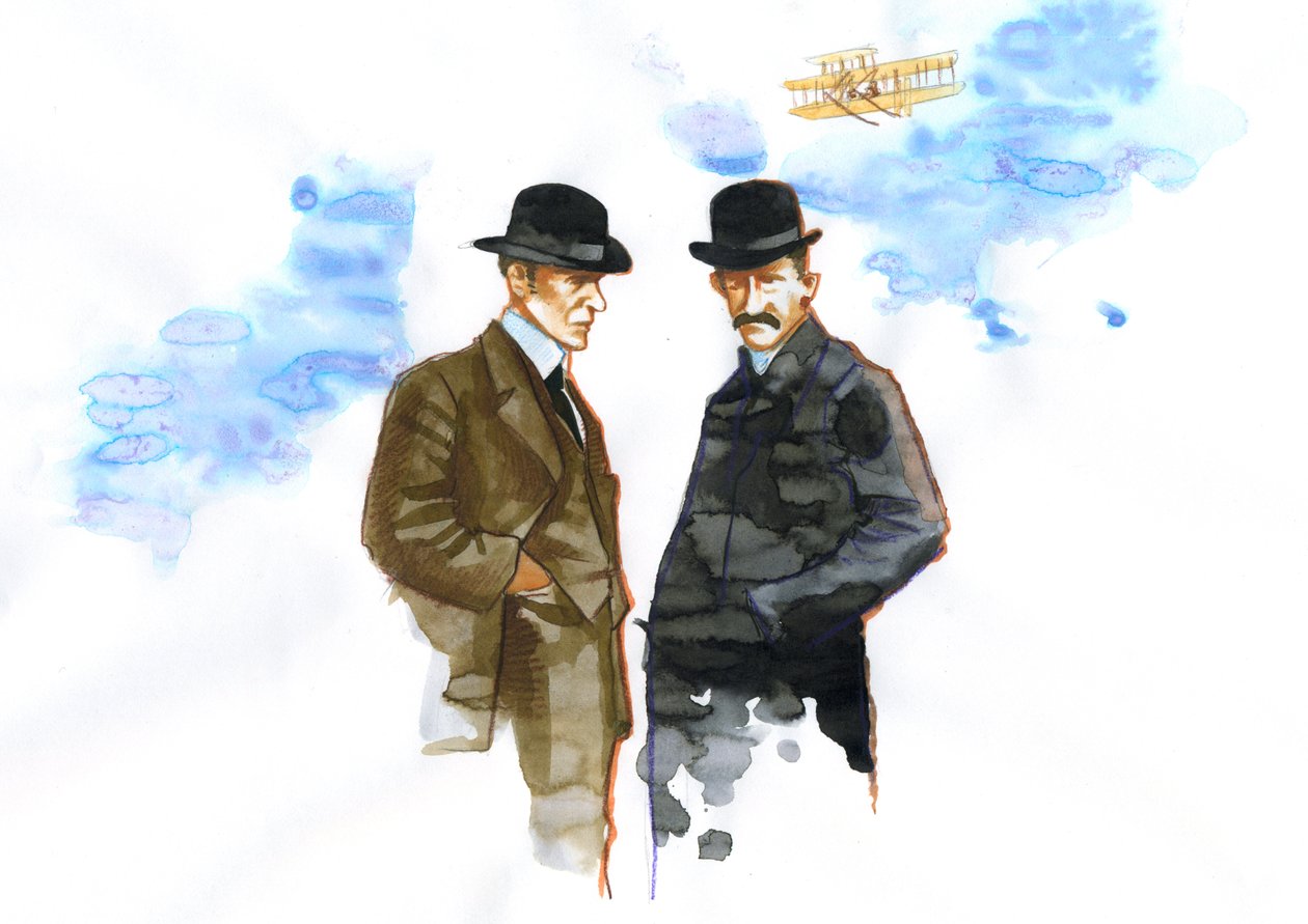 Retrato de Orville (1871-1948) e Wilbur Wright (1867-1912) pioneiros americanos da aviação (irmãos Wright, Orville e wilbur irmãos americanos, inventores e pioneiros da aviação)polonês autorstwa Alessandro Lonati