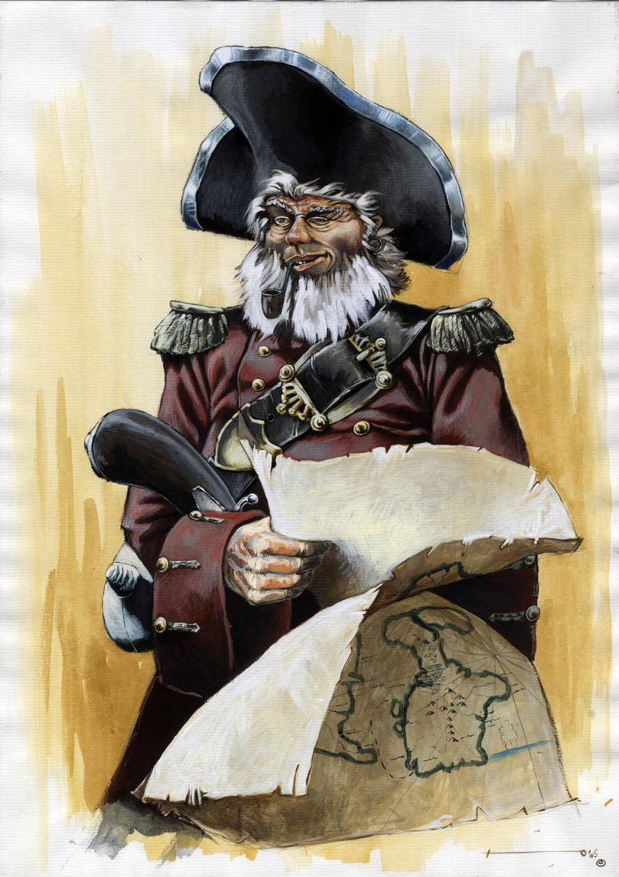 Portret pirata (korsarza) lub marynarza w trójgranie z mapą zdrajcy w dłoniach. Kolorystyka autorstwa Alessandro Lonatiego. autorstwa Alessandro Lonati