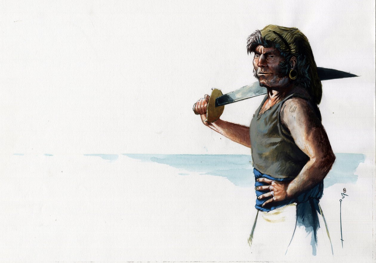 Portret pirata (korsarza) lub marynarza z mieczem patrzącego na morze. Kolorystyka autorstwa Alessandro Lonatiego. autorstwa Alessandro Lonati