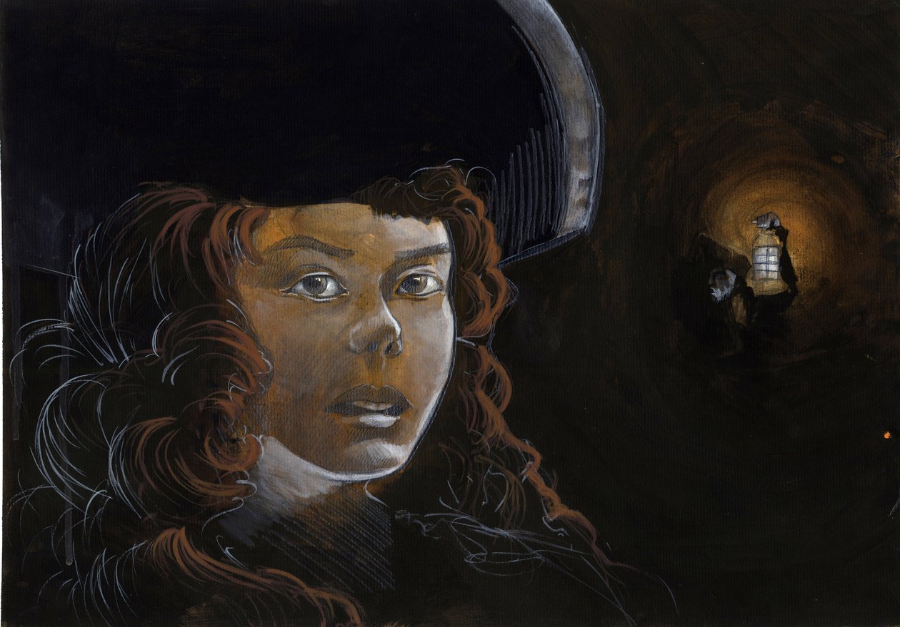 Portret kobiety-pirata (kasarza) lub marynarza w nocy, oświetlony latarnią innego pirata. Kolorystyka autorstwa Alessandro Lonatiego. autorstwa Alessandro Lonati