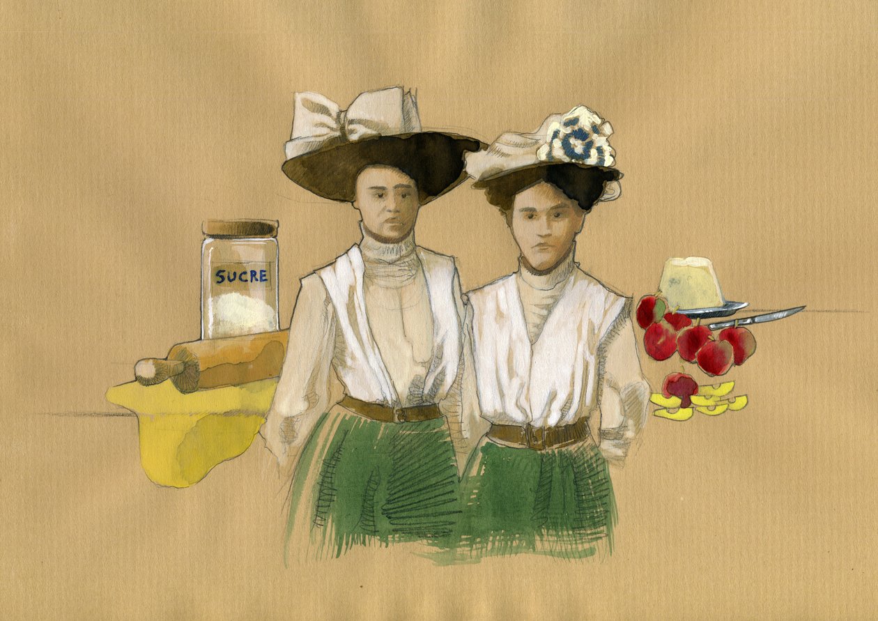 Portret sióstr Stephanie (1838-1917) i Caroline Tatin (1847-1911), które wynalazły deser francais tatin a de Lamotte-Beuvron en Sologne (Portret sióstr Stephanie i Caroline Tatin, które wynalazły odwrócone ciasto, w którym owoce (zwykle autorstwa Alessandro Lonati