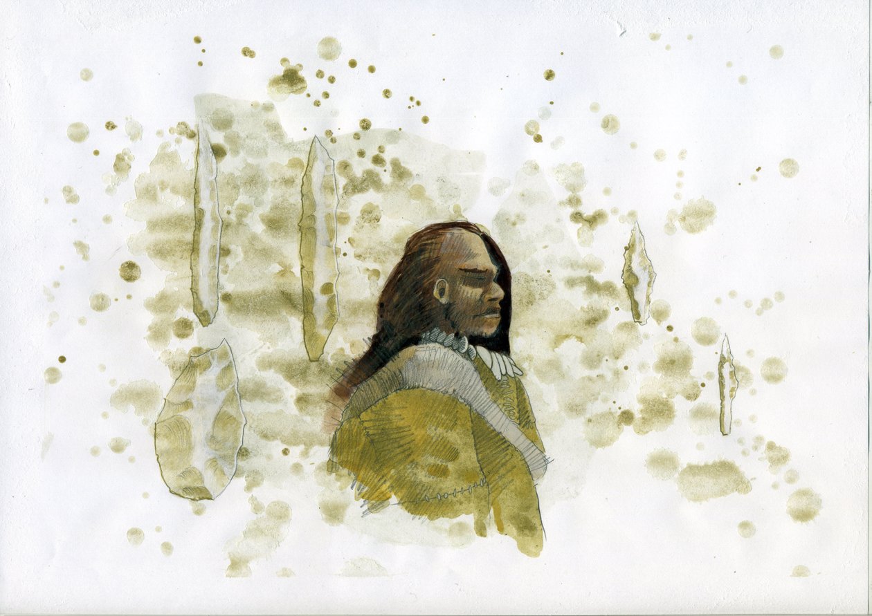 Prehistoria: Neandertalczyk z narzędziami z krzemienia Ilustracja: Alessandro Lonati autorstwa Alessandro Lonati