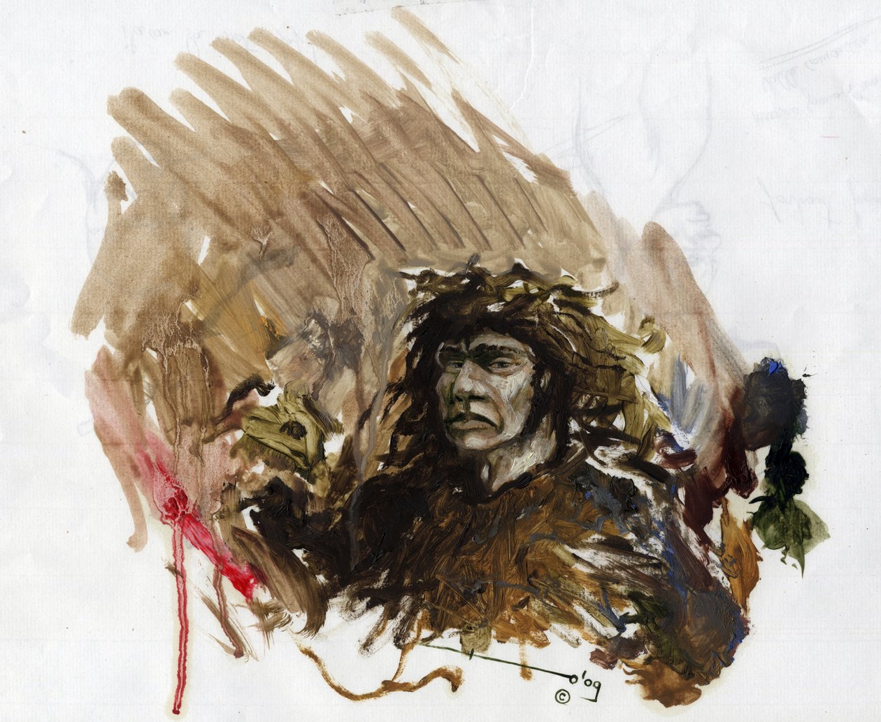 Prehistoria: przedstawienie neandertalczyka lub neandertalczyka w środkowym paleolicie. Rysunek autorstwa Alessandro Lonatiego autorstwa Alessandro Lonati