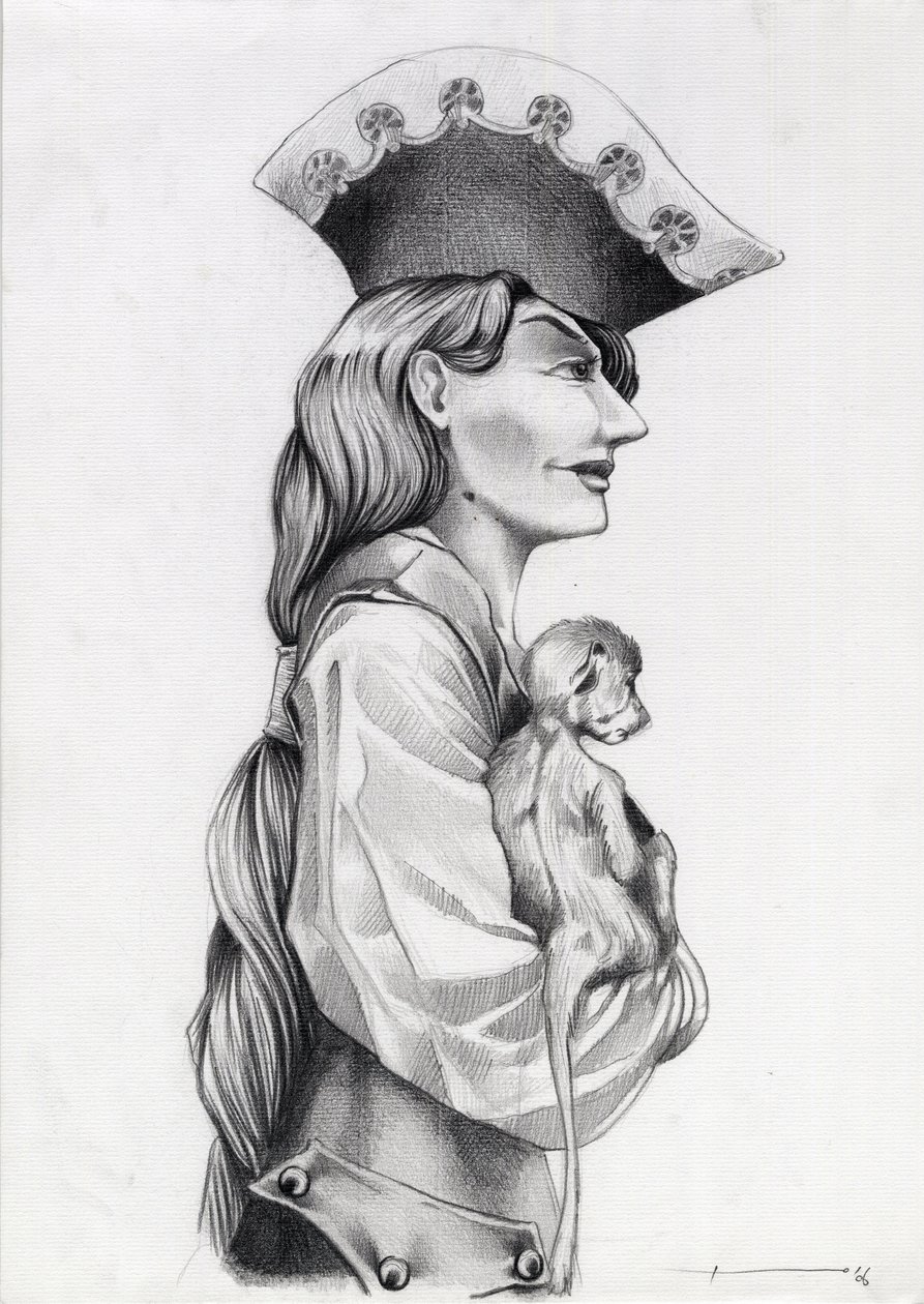Portret profilowy piratki z Karaibów (kasarz), z małą małpką w ramionach. Rysunek autorstwa Alessandro Lonatiego. autorstwa Alessandro Lonati