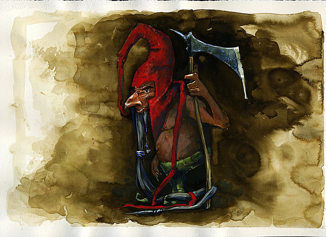 Przedstawienie czerwonej czapki (czerwona czapka, powrie lub dunter, Red-Bonnet) legendarnego złowrogiego stworzenia z rodziny goblinów z brytyjskiego folkloru - (czerwona czapka, złowrogi morderczy krasnolud, goblin, elf lub wróżka z folkloru pogranicza)  autorstwa Alessandro Lonati