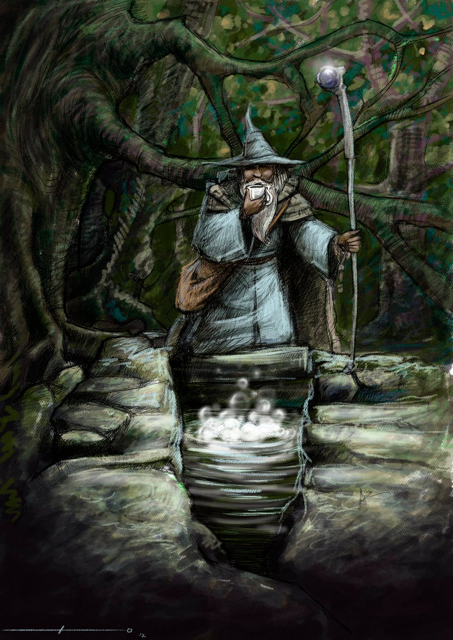 Przedstawienie druida pijącego przy cudownej fontannie Barenton, w lesie Broceliande — Ilustracja: Alessandro Lonati — 2012 — autorstwa Alessandro Lonati