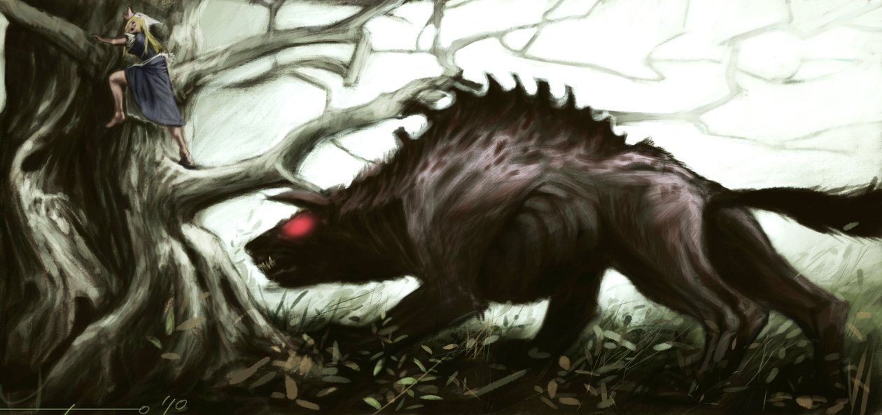 Przedstawienie legendarnego bete z Gevaudan atakującego małą dziewczynkę siedzącą na drzewie. Ilustracja Alessandro Lonatiego, 2010. autorstwa Alessandro Lonati
