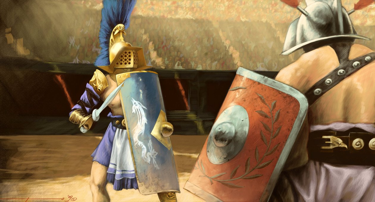 Arte romana: duelo de gladiadores entre um gladiador mirmillo (esquerda) e um trácio em um anfiteatro. Desenho de Alessandro Lonatipolish autorstwa Alessandro Lonati