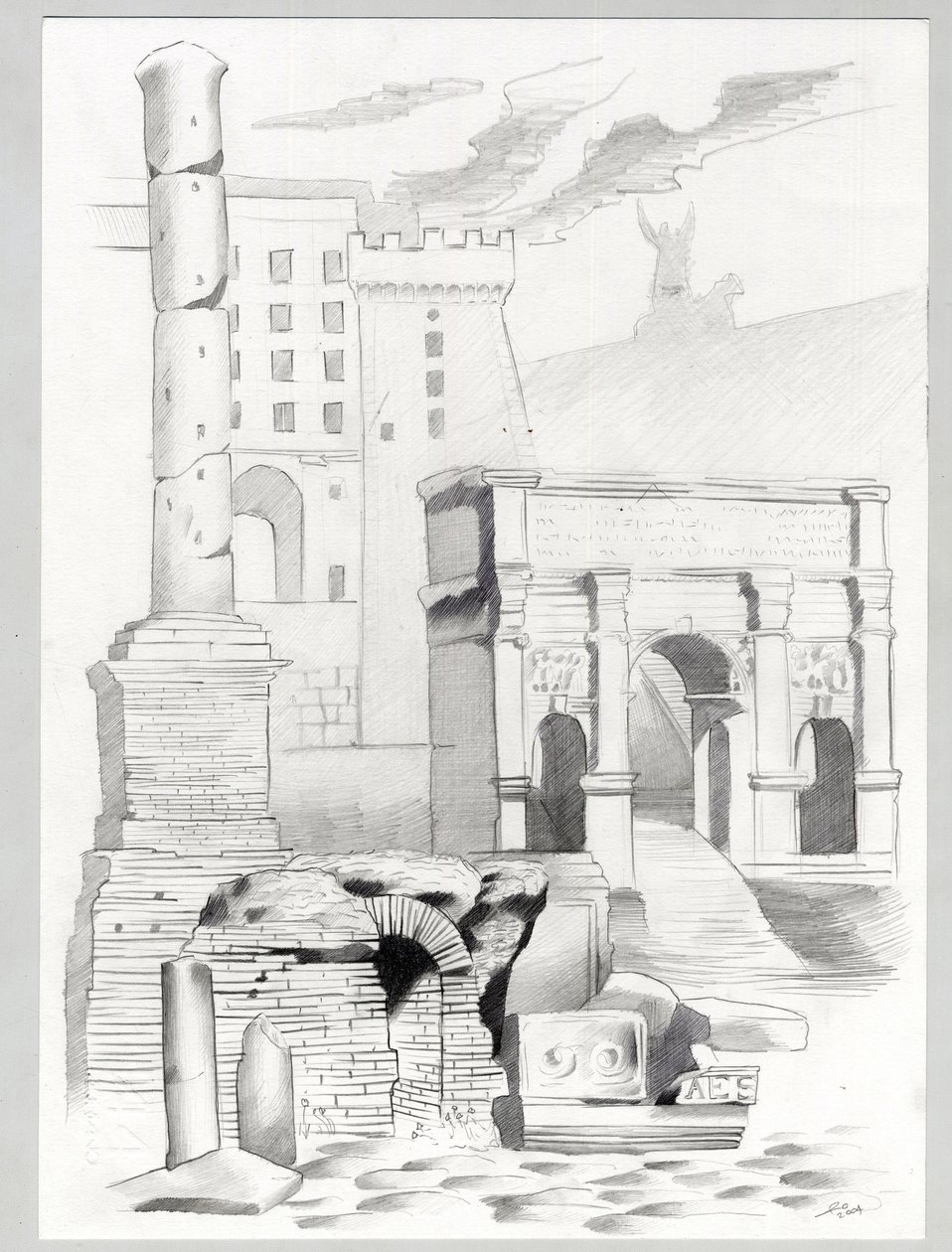 Ruínas da época romana em Roma, Fórum (foro romano) Desenho de Alessandro Lonati.polish autorstwa Alessandro Lonati