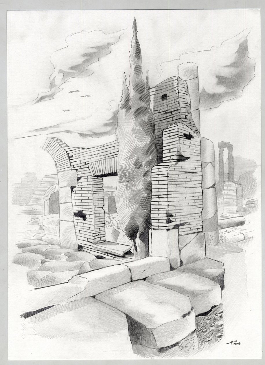 Ruiny z czasów rzymskich w Rzymie, Forum (foro romano) Rysunek Alessandro Lonati. autorstwa Alessandro Lonati