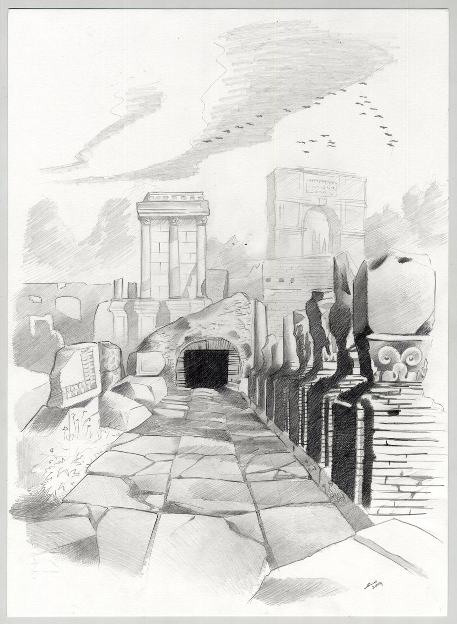 Ruiny z czasów rzymskich w Rzymie, Forum (foro romano) Rysunek Alessandro Lonati. autorstwa Alessandro Lonati