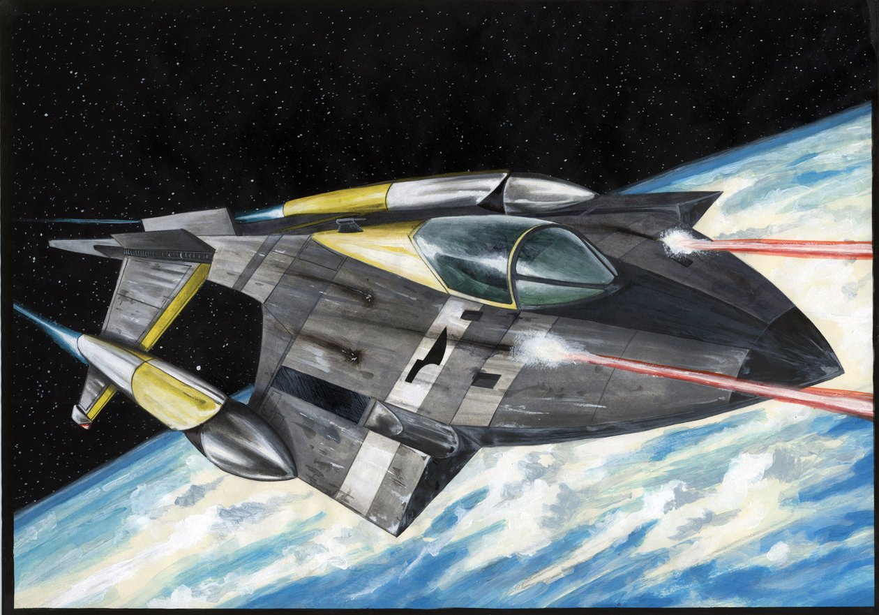 Ilustracja science fiction: statek kosmiczny z podbojem kosmosu lub wszechświata ciągnie promienie laserowe nad planetą Ziemia. Rysunek autorstwa Alessandro Lonatiego autorstwa Alessandro Lonati
