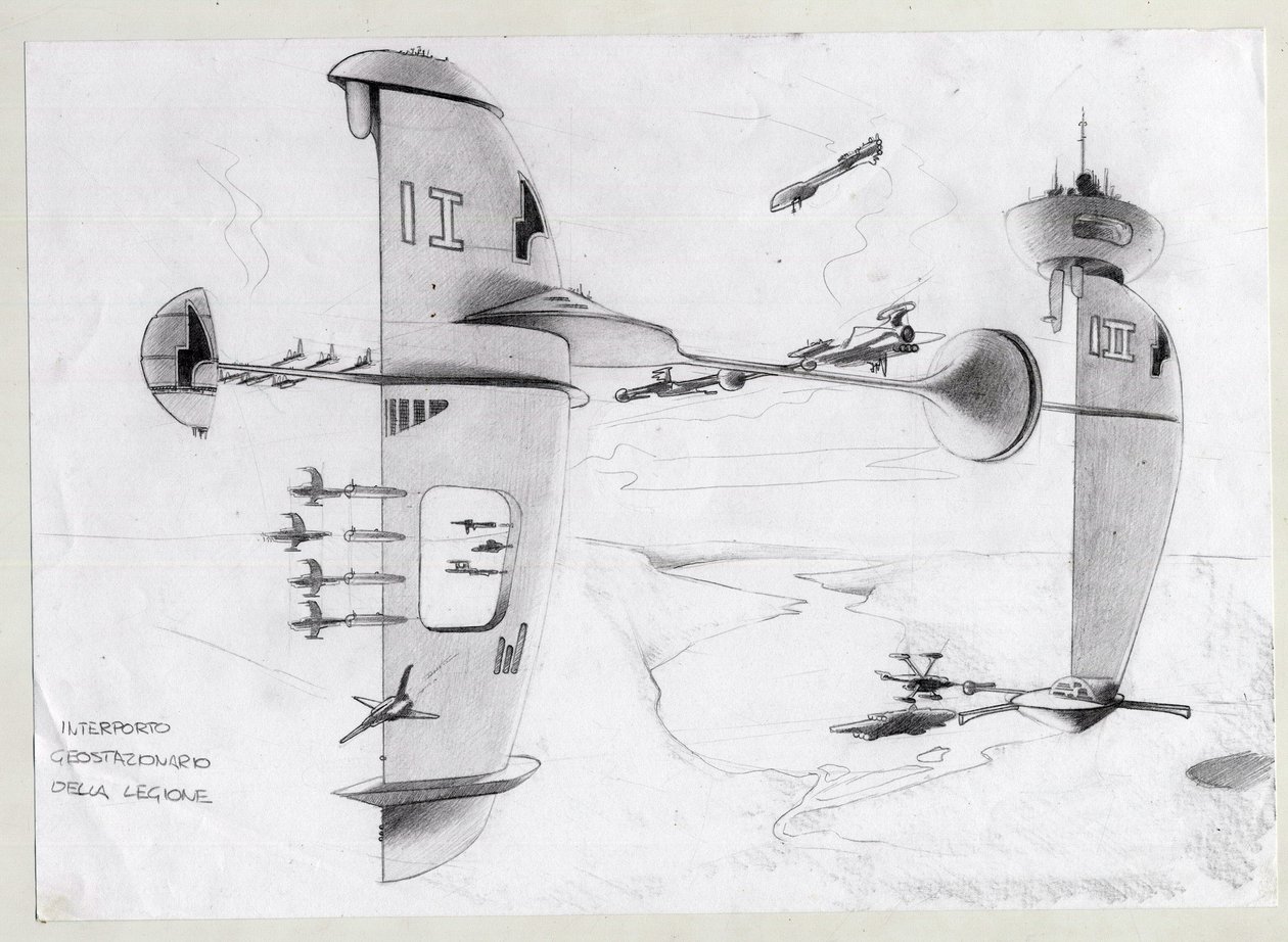 Ilustracja science fiction: baza kosmiczna we wszechświecie ze statkami. Rysunek autorstwa Alessandro Lonatiego autorstwa Alessandro Lonati
