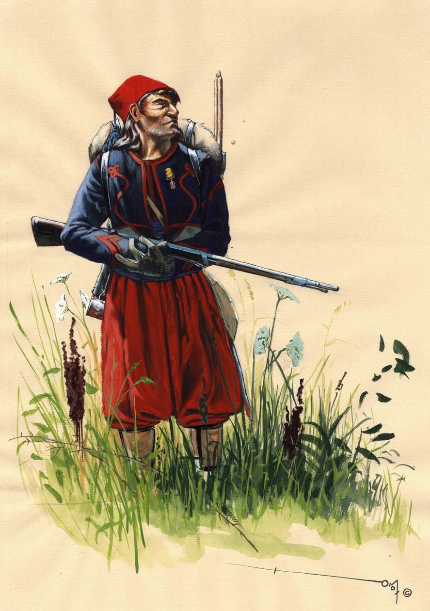 Drugie Cesarstwo (1852-1870): Żołnierz Zouave armii francuskiej Napoleona III podczas kampanii włoskiej w 1859 r. (Bitwa pod Solferino 24 czerwca 1859 r. Lub Bitwa pod Magenta 4 czerwca 1859 r.). Rysunek autorstwa Alessandro Lonatiego autorstwa Alessandro Lonati