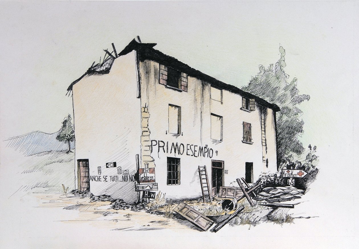 Druga wojna światowa: widok zrujnowanego domu w okupowanych Włoszech. Rysunek autorstwa Alessandro Lonatiego autorstwa Alessandro Lonati