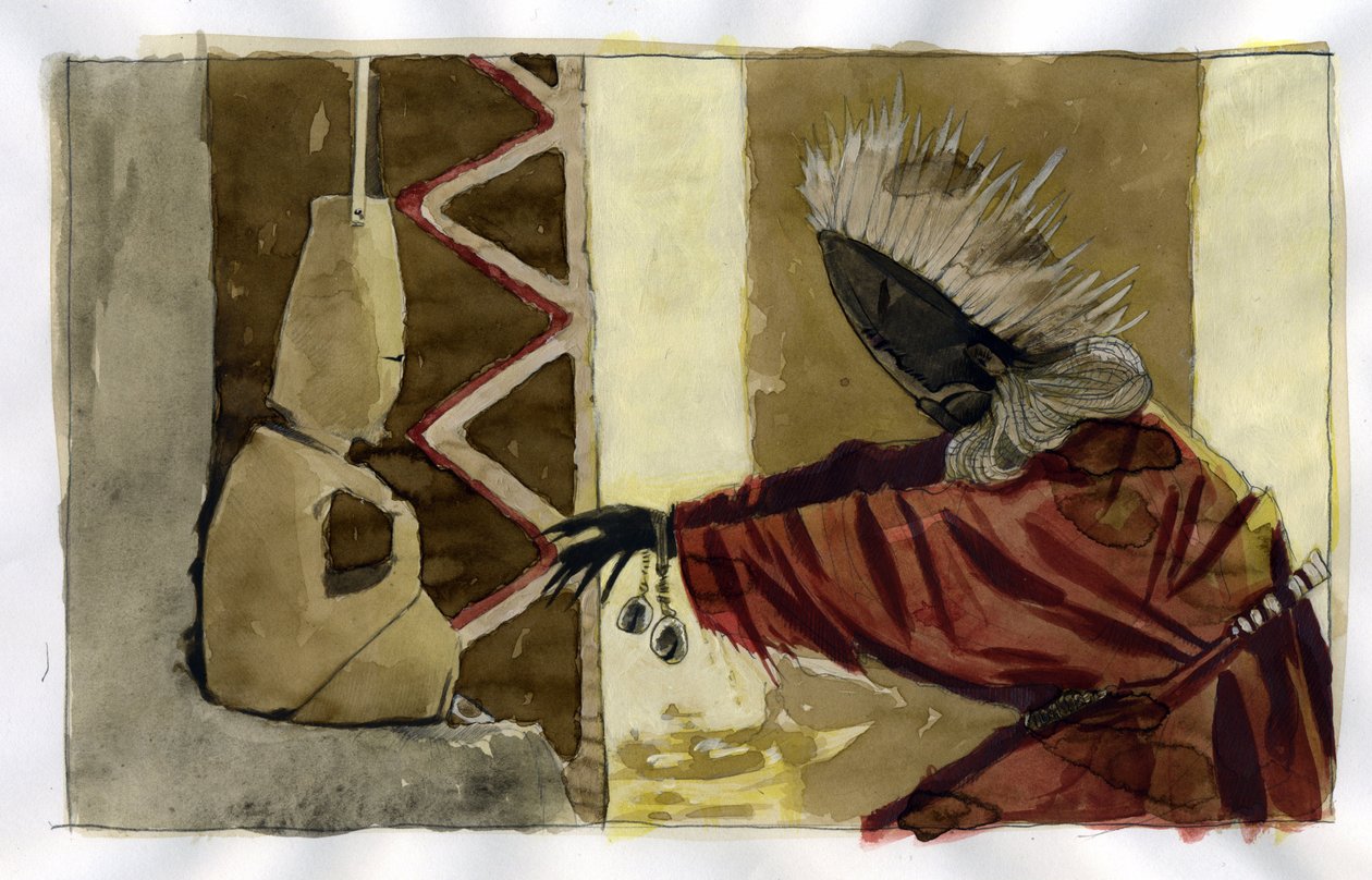 Szamanizm: duchowa ceremonia skupiona na mediacji między istotami ludzkimi a duchami natury - szaman Ilustracja: Alessandro Lonati autorstwa Alessandro Lonati