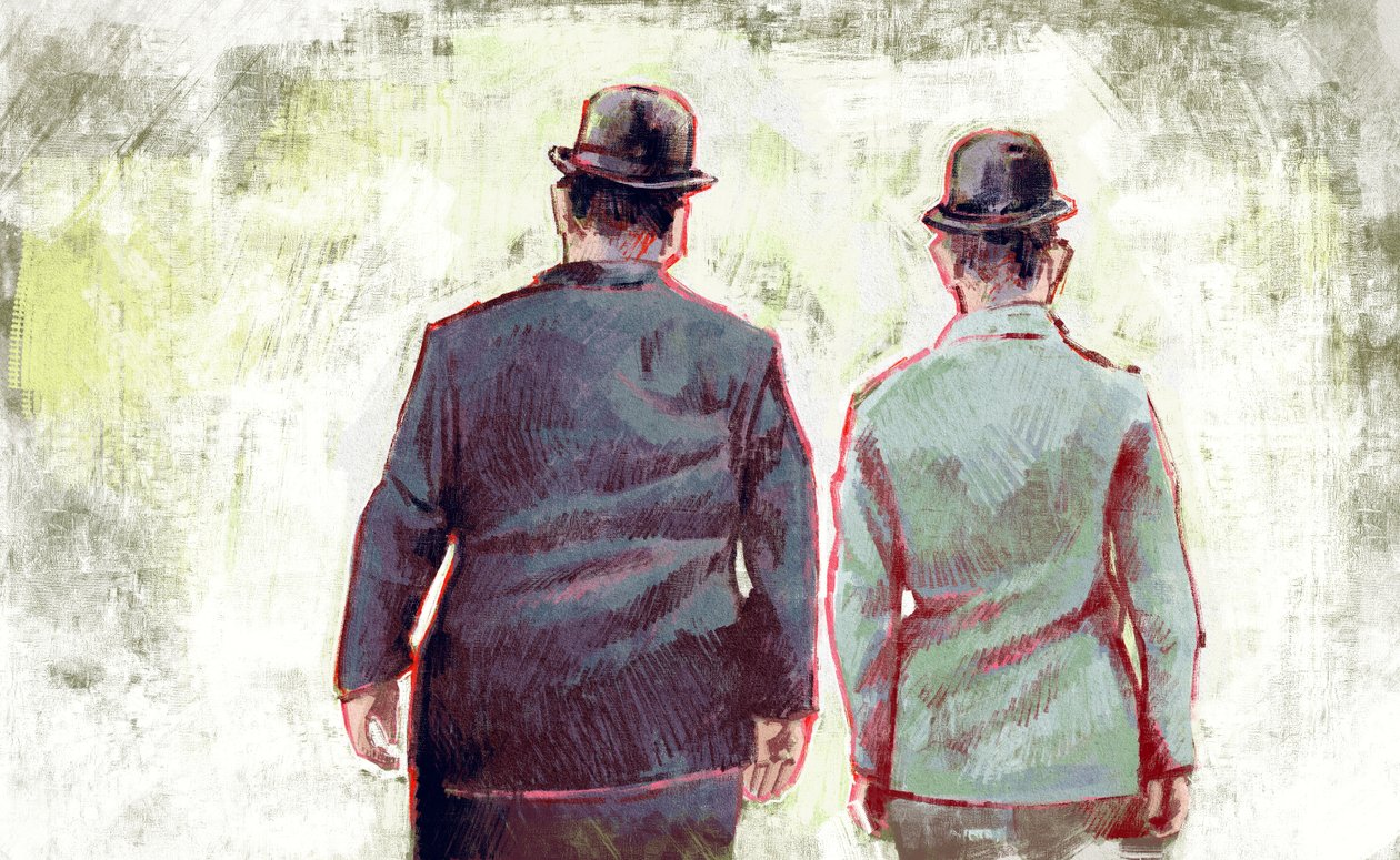Stan Laurel i Oliver Hardy maszerują w kierunku horyzontu (ilustracja) autorstwa Alessandro Lonati