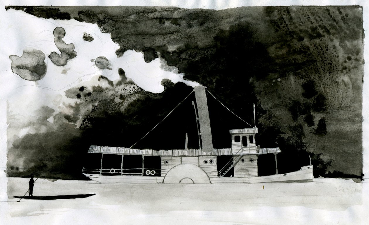 Steamship Ilustração do novo “”In the Heart of Darkness”” de Joseph Conrad. 2012polonês autorstwa Alessandro Lonati
