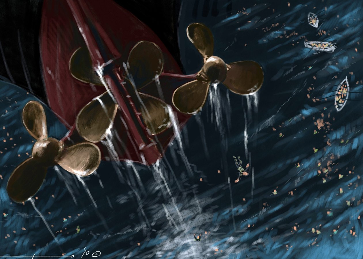 Widok helis transatlantyku Titanic w czasie zatonięcia 14 i 15 kwietnia 1912 r. Ilustracja: Alesandro Lonati. 2010 autorstwa Alessandro Lonati