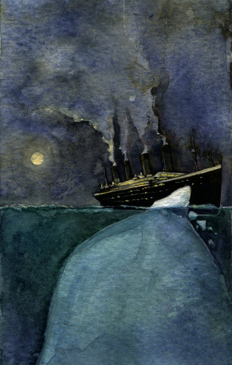 Widok transatlantyku Titanic w chwili zatonięcia 14 i 15 kwietnia 1912 r. w wyniku zderzenia z górą lodową. Ilustracja autorstwa Alessandro Lonatiego. 2011 autorstwa Alessandro Lonati