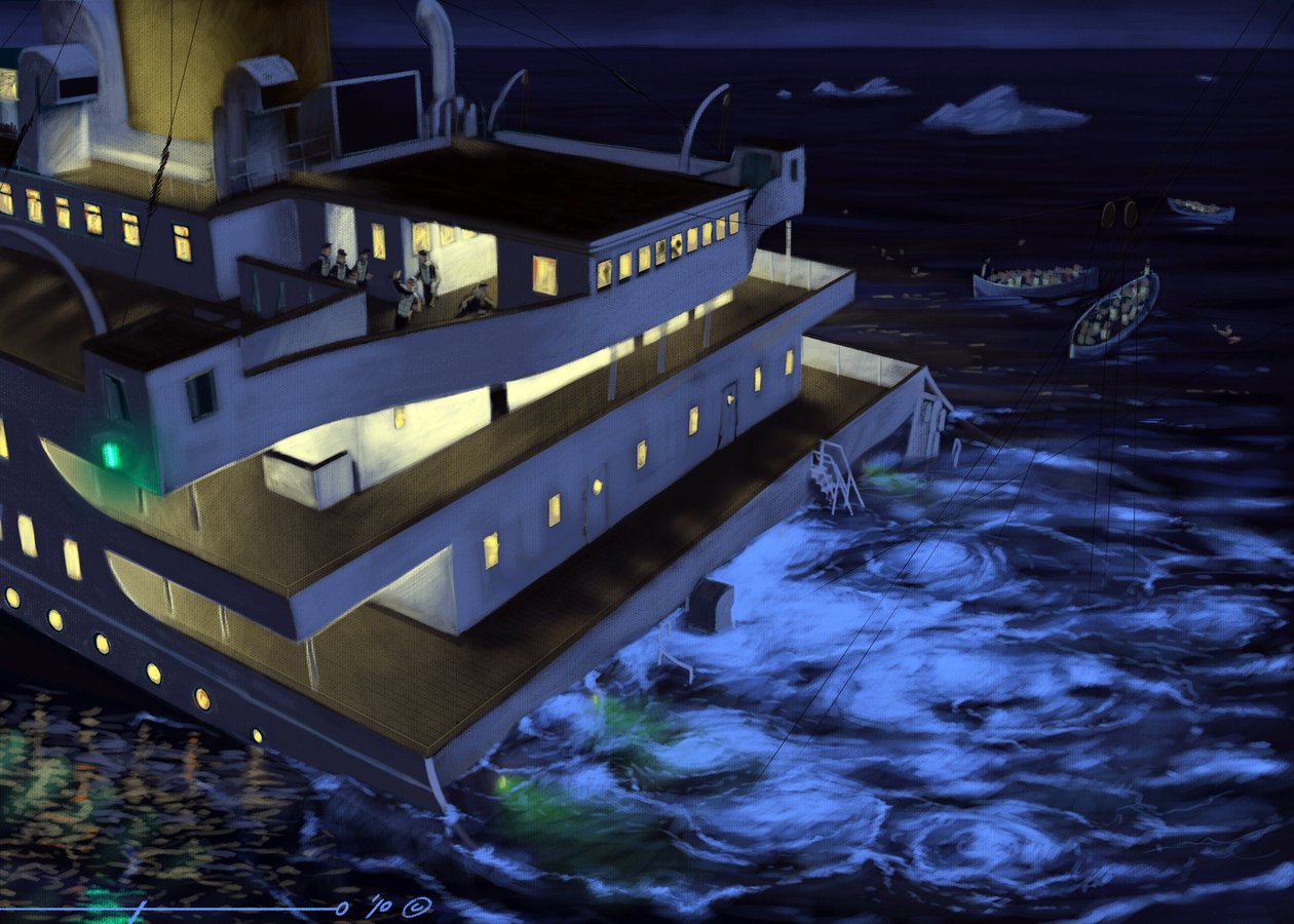 Widok transatlantyku Titanic w czasie zatonięcia 14 i 15 kwietnia 1912 r. Ilustracja: Alesandro Lonati. 2010 autorstwa Alessandro Lonati