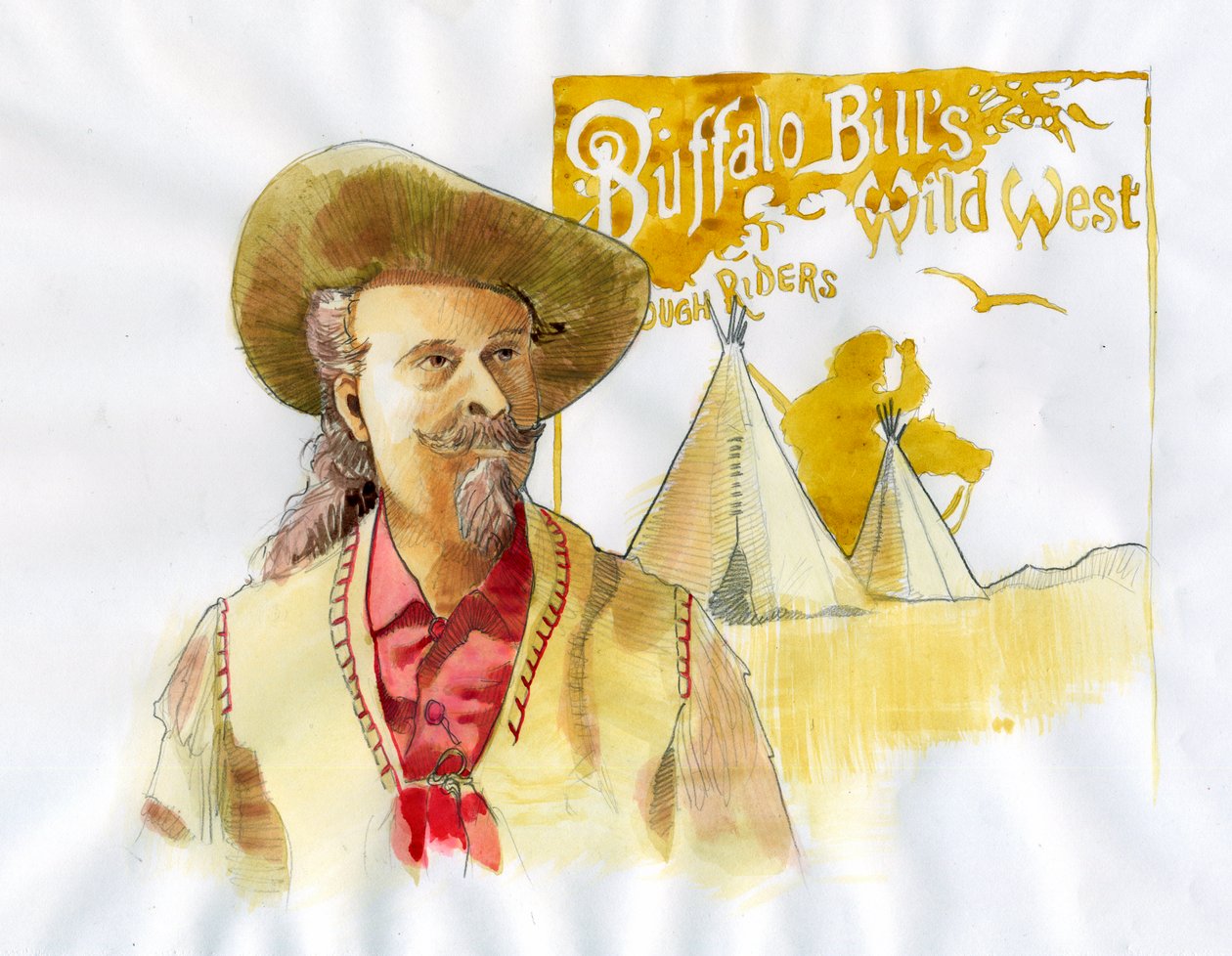 William Frederick Cody-znany jako Buffalo Bill-Portret Buffalo Bill (1846-1917), pułkownik William Cody-ilustracja Alessandro Lonati autorstwa Alessandro Lonati