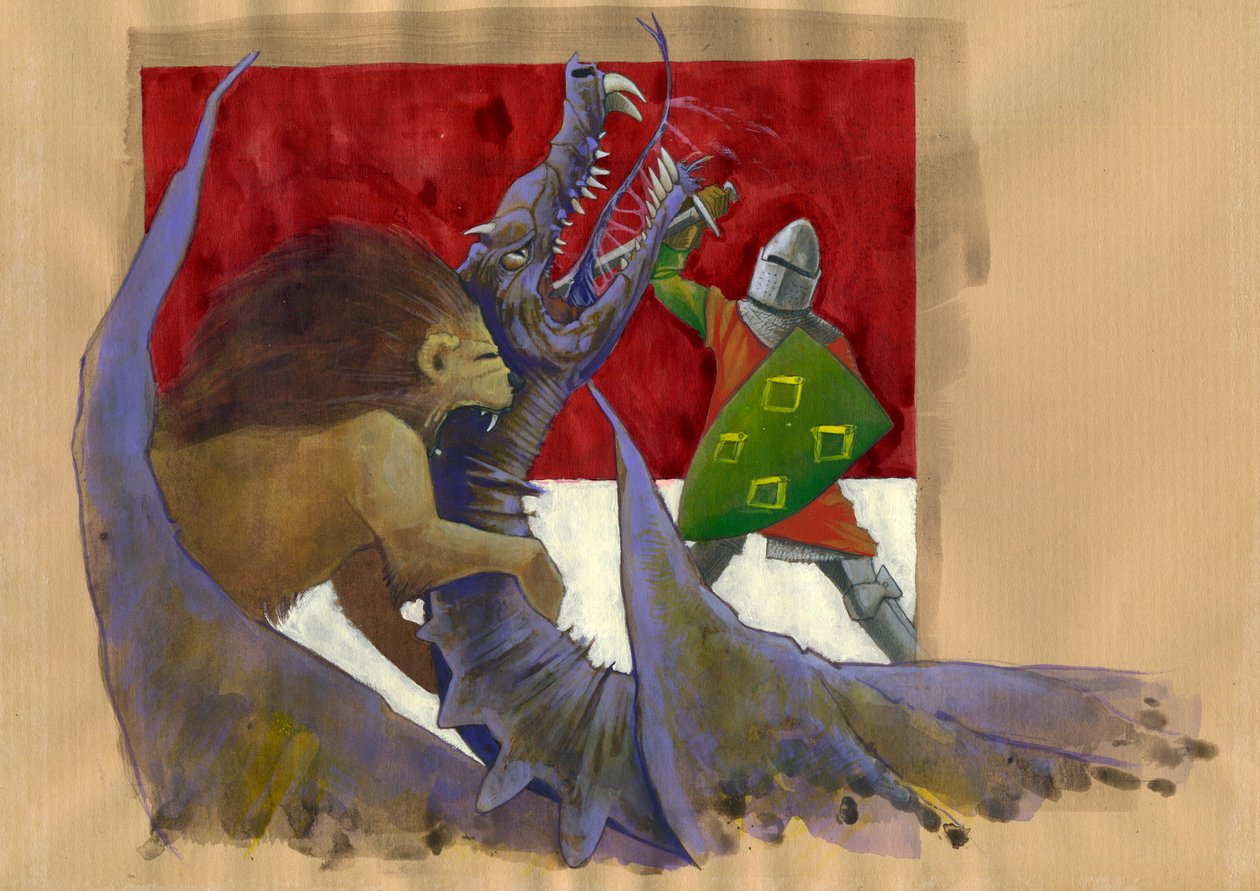 Yvain, Rycerz Lwa walczący ze smokiem Ilustracja: Alessandro Lonati autorstwa Alessandro Lonati