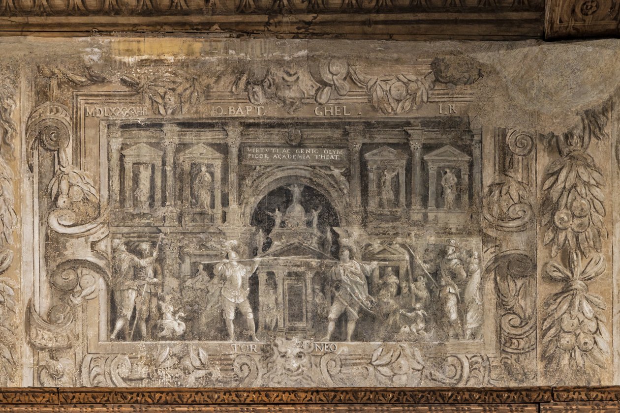 Spektakle teatralne kuratorowane przez akademię, Sala przedsionka (monochromatyczny fresk) autorstwa Alessandro Maganza