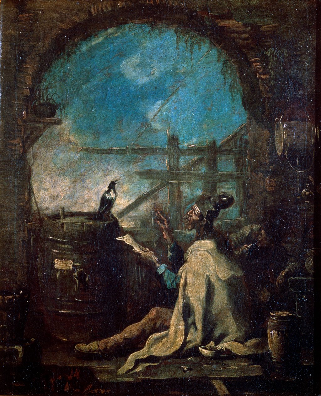 Klaun tresujący srokę, koniec XVII lub XVIII wieku autorstwa Alessandro Magnasco