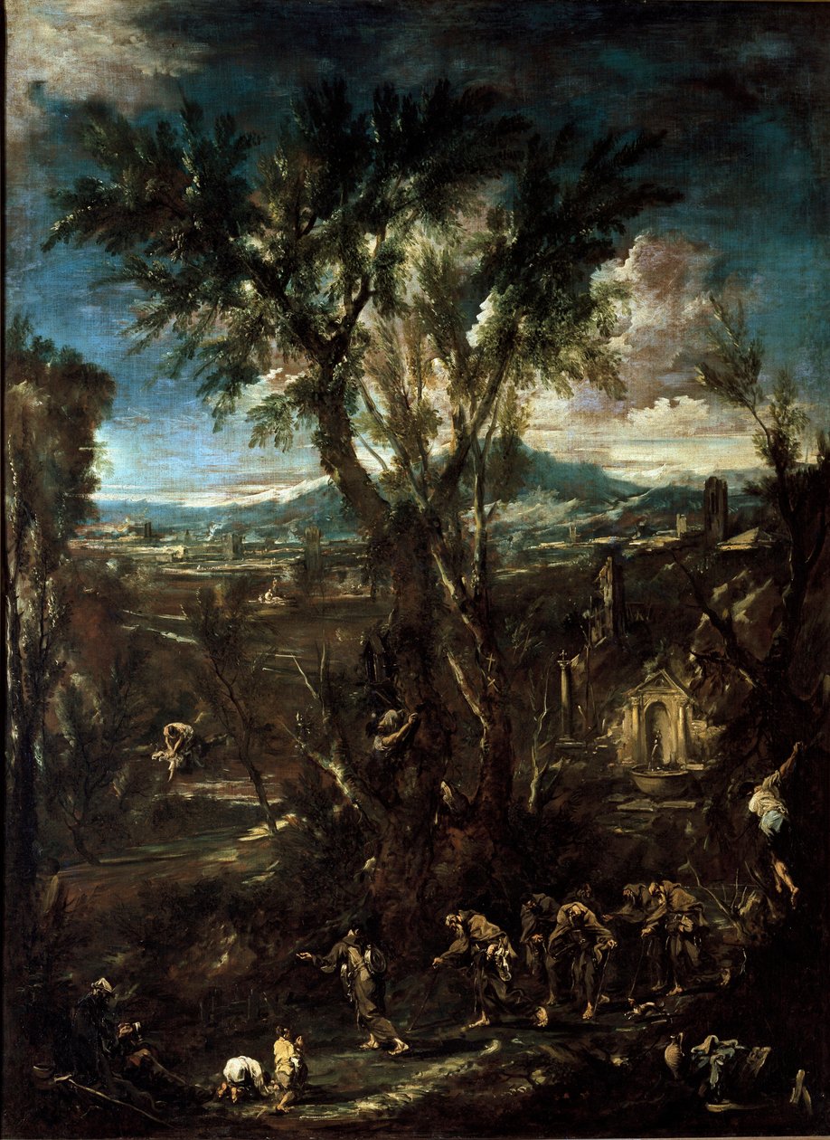 Fantastyczny krajobraz z mnichami Obraz Alessandro Magnasco dit il Lissandrino (1667-1749) 1720 Dim.237x175 cm Pinacoteca di Brera Milan autorstwa Alessandro Magnasco