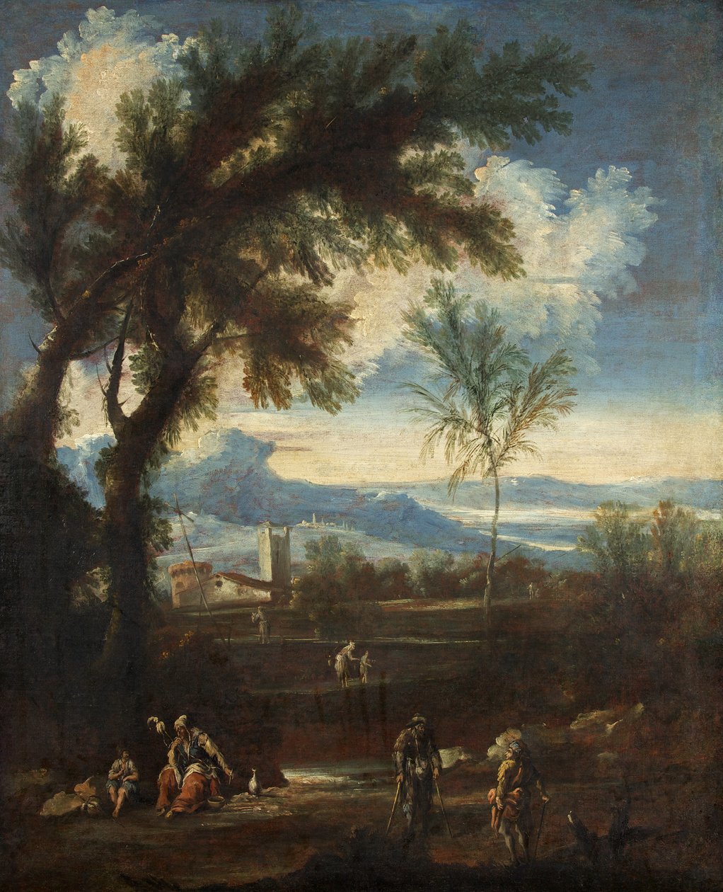 Pejzaż z postaciami, ok. 1710-40 (olej na płótnie) autorstwa Alessandro Magnasco