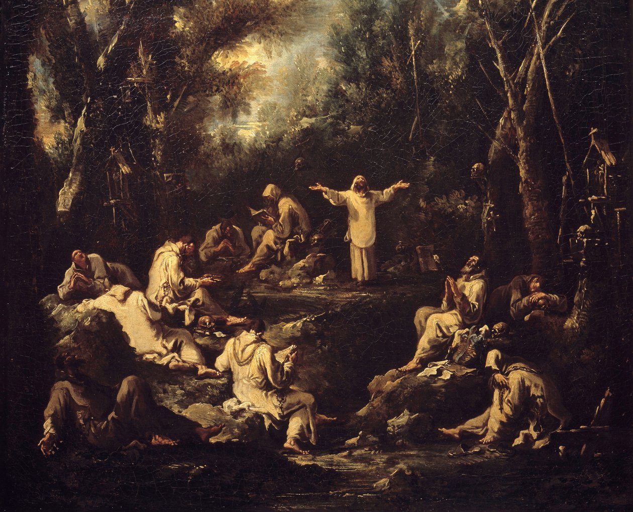 Sceny życia monastycznego. Mnisi w różnych pozycjach modlitewnych i w różnych codziennych zajęciach. Obraz Alessandro Magnasco (1667-1749). Muzeum Sztuki Dekoracyjnej. Paryż. autorstwa Alessandro Magnasco