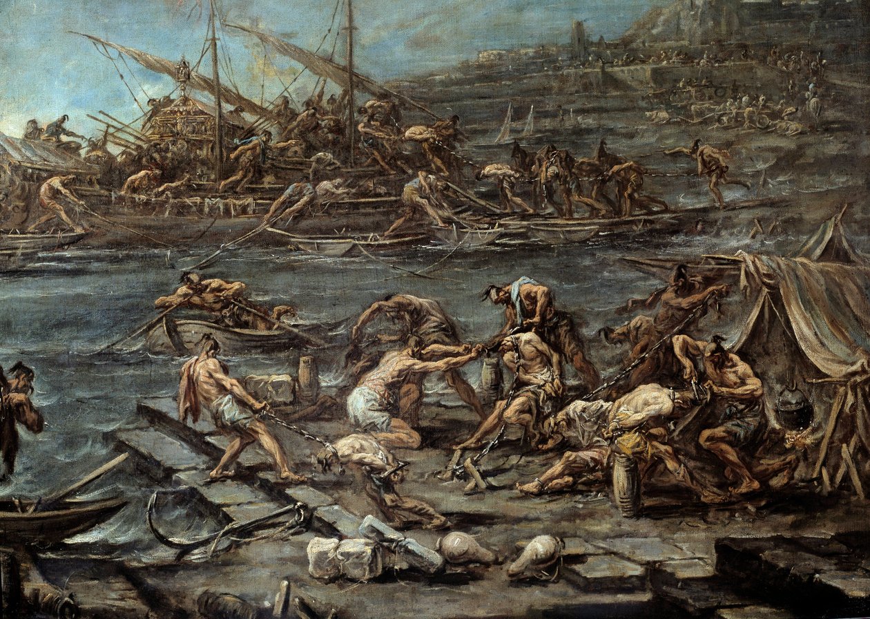 Wejście na pokład galmanów w porcie Gens Detail. Obraz Alessandro Magnasco (1667-1749). Ciemny. 1,16 x 1,42. Bordeaux, Muzeum Sztuk Pięknych autorstwa Alessandro Magnasco