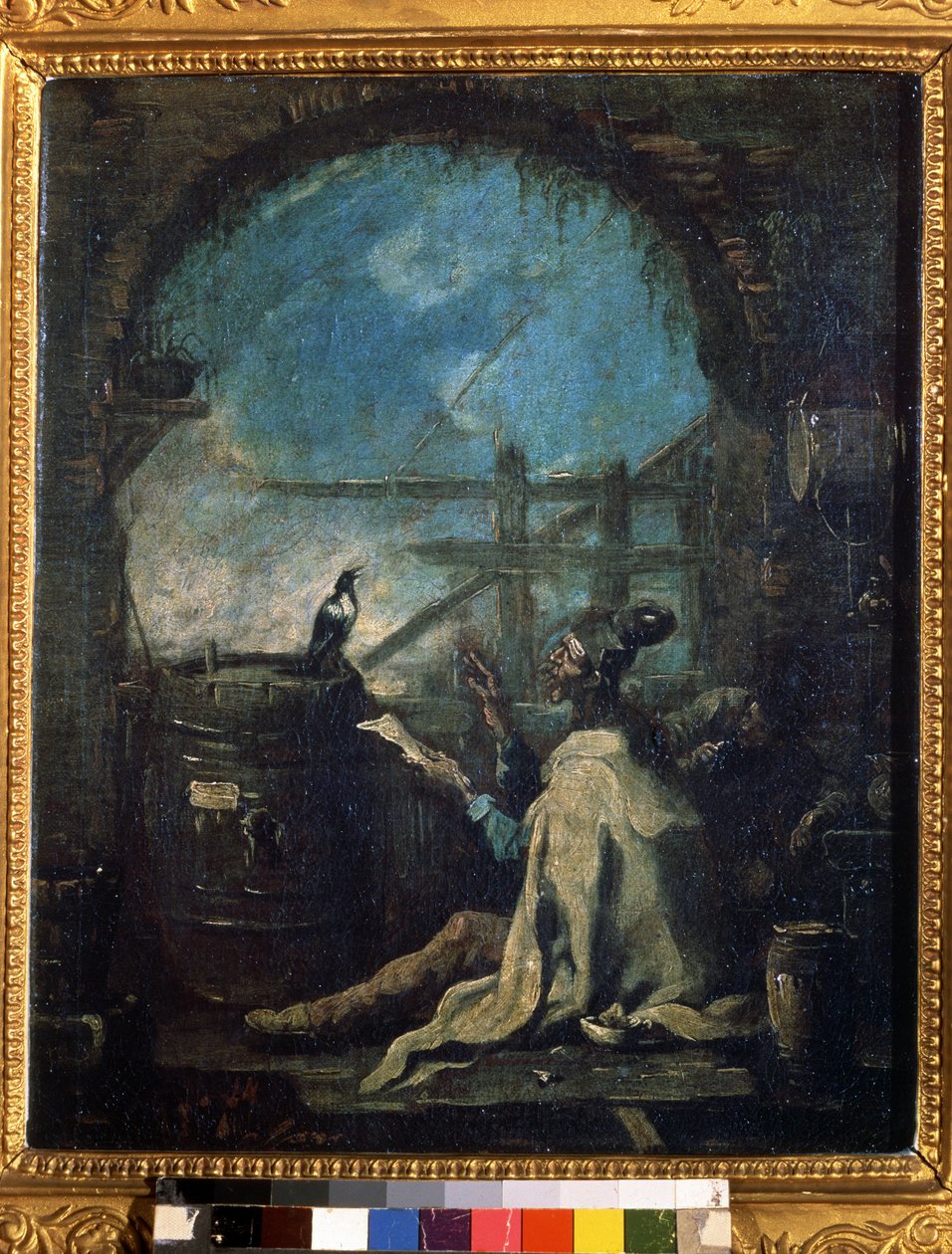 ""Klaun uczący srokę"" (Klaun szkolący srokę) Człowiek cyrkowy uczący sroki liczb. Obraz Alessandro Magnasco (1667-1749) XVIII-wieczne Muzeum Puszkina, Moskwa autorstwa Alessandro Magnasco