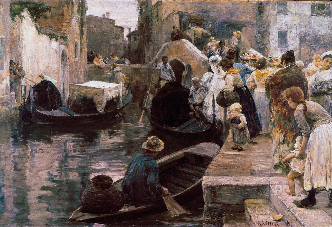 ""Ślub w Wenecji"" Nowożeńcy jadą gondolą. Obraz Alessandro Milesi (1856-1945) 1897 Rzym. Galleria Nazionale d