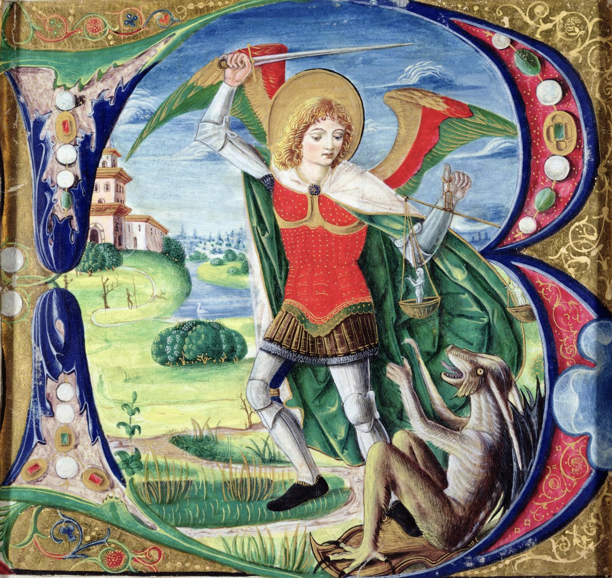Historyczny inicjał „B” przedstawiający św. Michała i smoka, 1499-1511 autorstwa Alessandro Pampurino