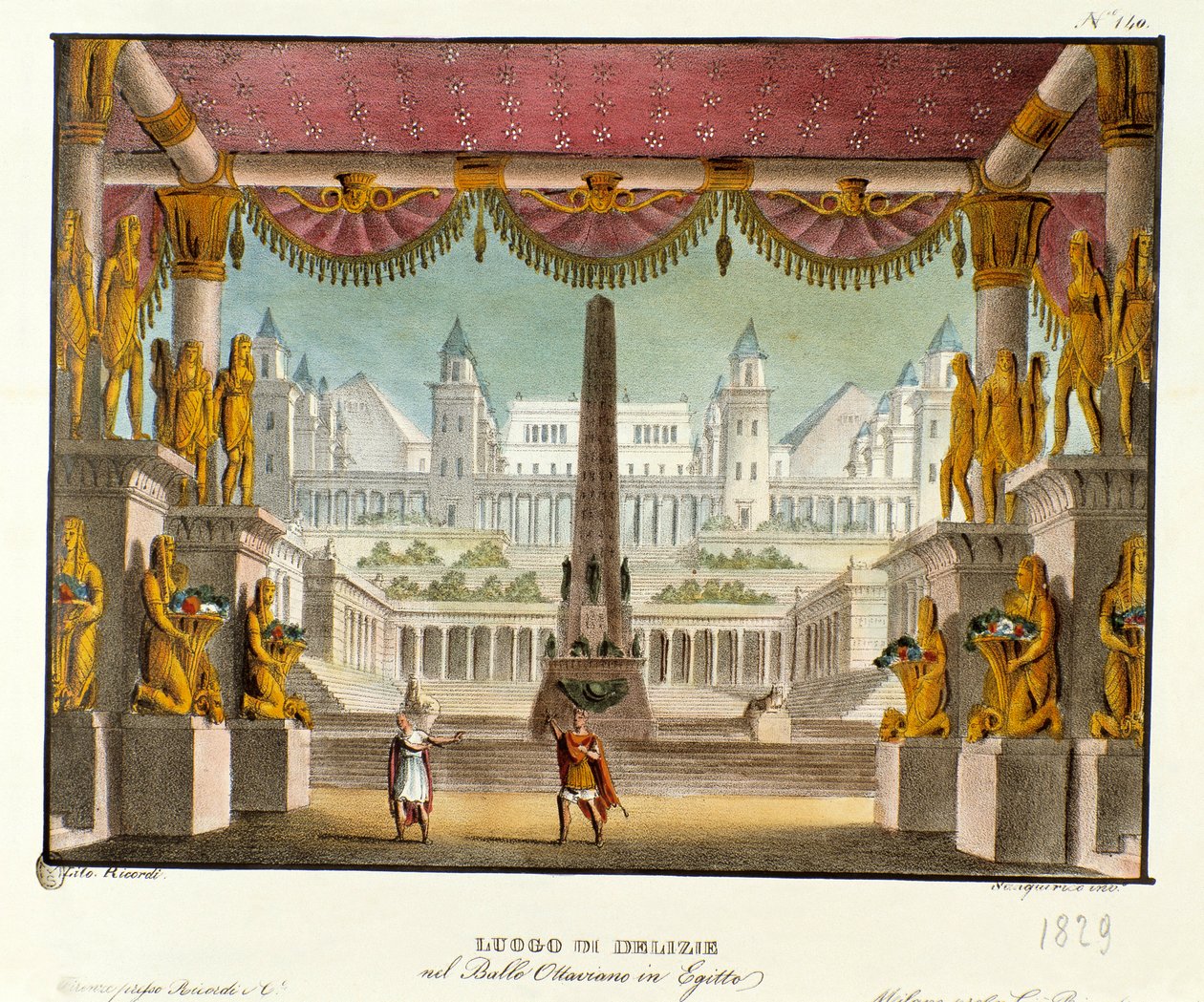 Przepyszne miejsce: widok z wnętrza świątyni z rzeźbami Scenografia do baletu „Oktawian w Egipcie” włoskiego choreografa Giovanniego Galzeraniego (1780-1865) (1828). Litografia w „Zbiorze wynalazków scenicznych Aleksandra z 1830 r. autorstwa Alessandro Sanquirico