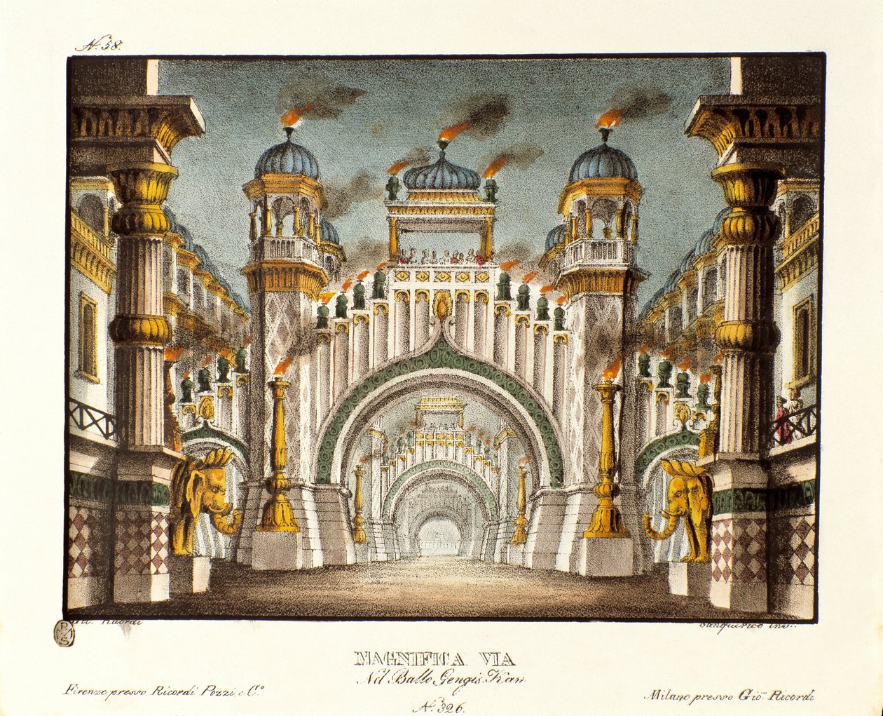 Świątynia w czasach Czyngis-chana Scenografia dla baletu „Genis-Kan” włoskiego choreografa Giovanniego Galzeraniego (1780-1865) (1828). Litografia w „”Zbiorze wynalazków scenicznych z 1830 roku autorstwa Alessandro Sanquirico (1777-1849)””. Mediolan prywat autorstwa Alessandro Sanquirico