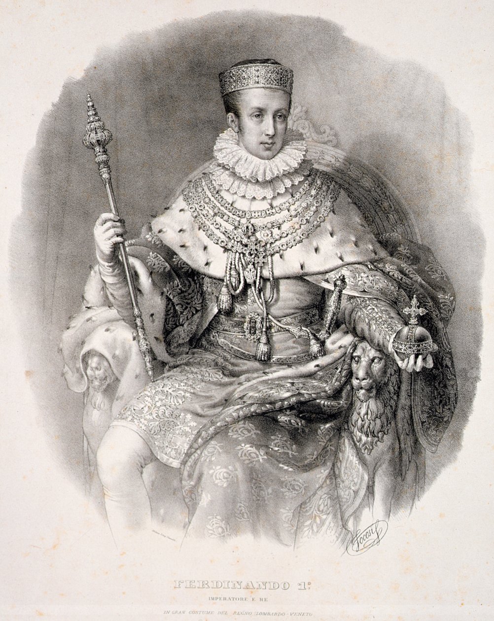 Ferdynand I (1793-1875), król Lombardii-Wenecji, w szatach państwowych, z „Coronazione de SMIRA Ferdinando I, il Re del Regno Lombard-Venetia”, opublikowany 1838 autorstwa Alessandro Sanquirico