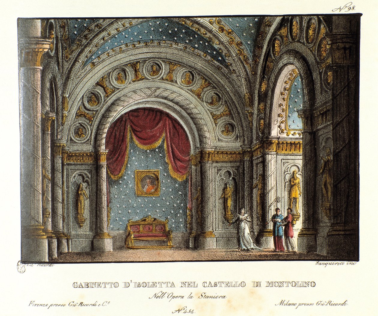 Gabinet Isoletty w zamku Montolino w Bretanii Scenografia do przedstawienia w Teatro alla scala w 1829 roku opery „La straniera” (1828) Vincenzo Belliniego. Litografia w „Zbiorze wynalazków scenicznych z 1830 roku autorstwa Alessandro Sanquirico autorstwa Alessandro Sanquirico