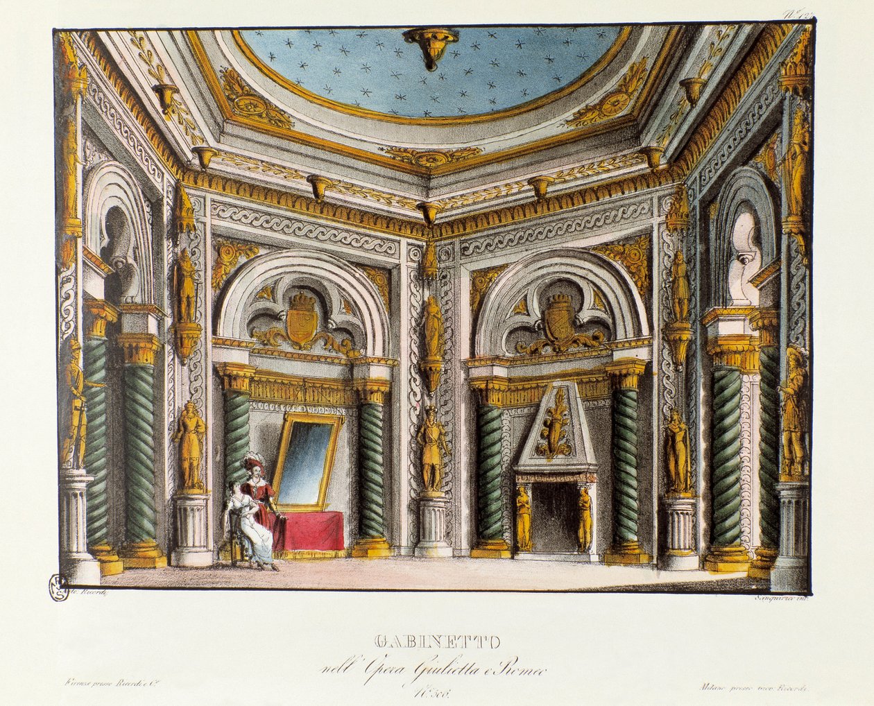 Prywatne apartamenty Julii Scenografia do przedstawienia w Teatro Carcano w 1829 roku opery „Giulietta e Romeo” (Julia i Romeo) (1796) Niccolo Antonio Zingarelli według utworu „Romeo i Julia” Williama Szekspira. Litografia w „”Racu” autorstwa Alessandro Sanquirico
