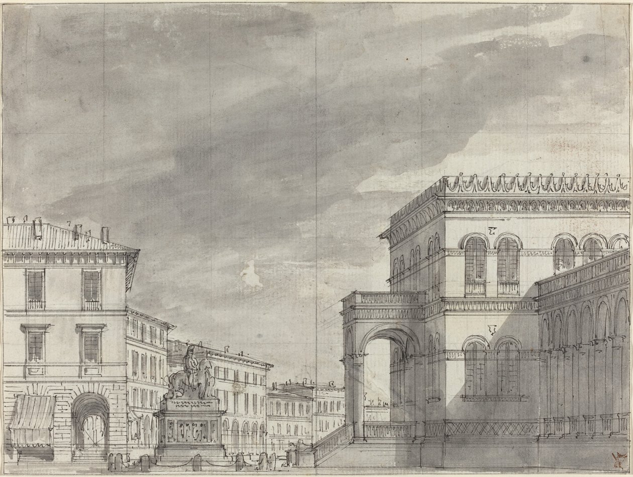 Piazza z pomnikiem jeździeckim i pałacem autorstwa Alessandro Sanquirico