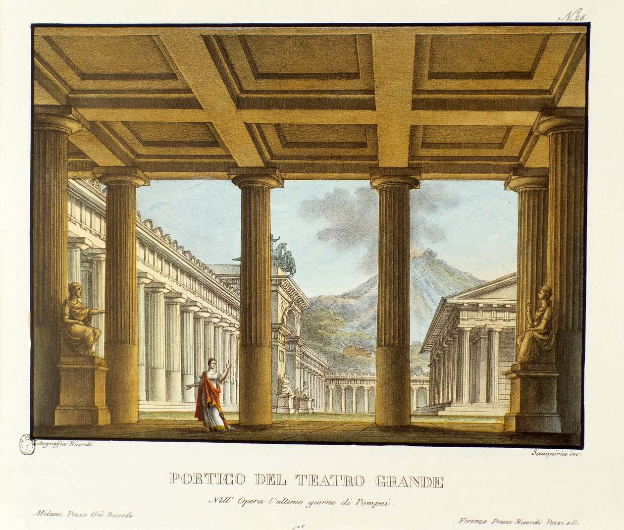 Portyk Teatru Wielkiego w Pompejach, w tle scenografia Vesuve do wykonania „opery” L
