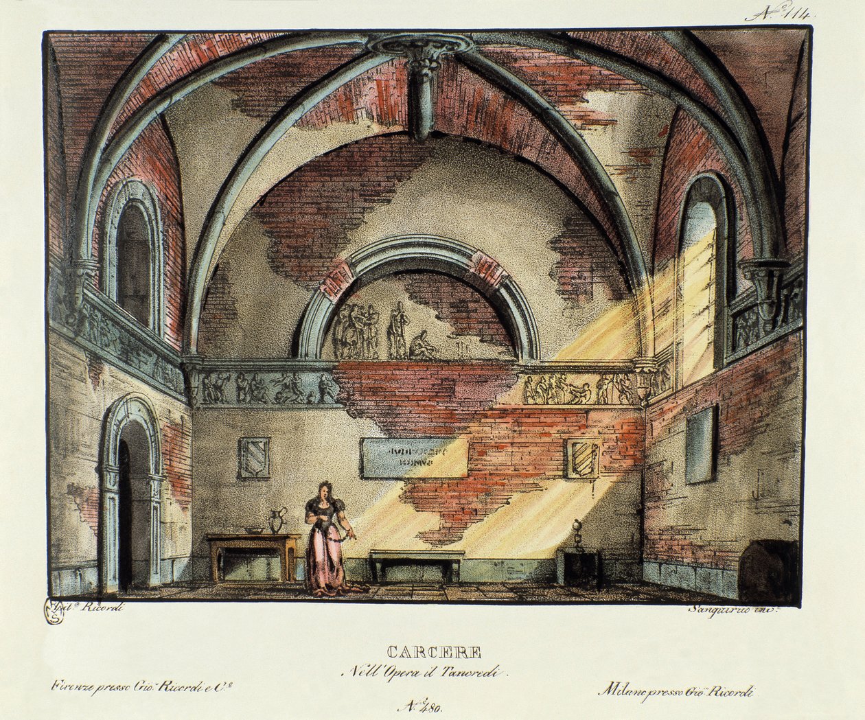 Scenografia celi więziennej do wykonania w Mediolanie w 1829 r. opery „Tancredi” ”(lub Tancrede) Gioacchino Rossiniego (lub Gioachino) (1813) po utworze Woltera„ Tancrede ”. Litografia w „Zbiorze wynalazków scenicznych z 1830 roku autorstwa Alessandro Sanq autorstwa Alessandro Sanquirico