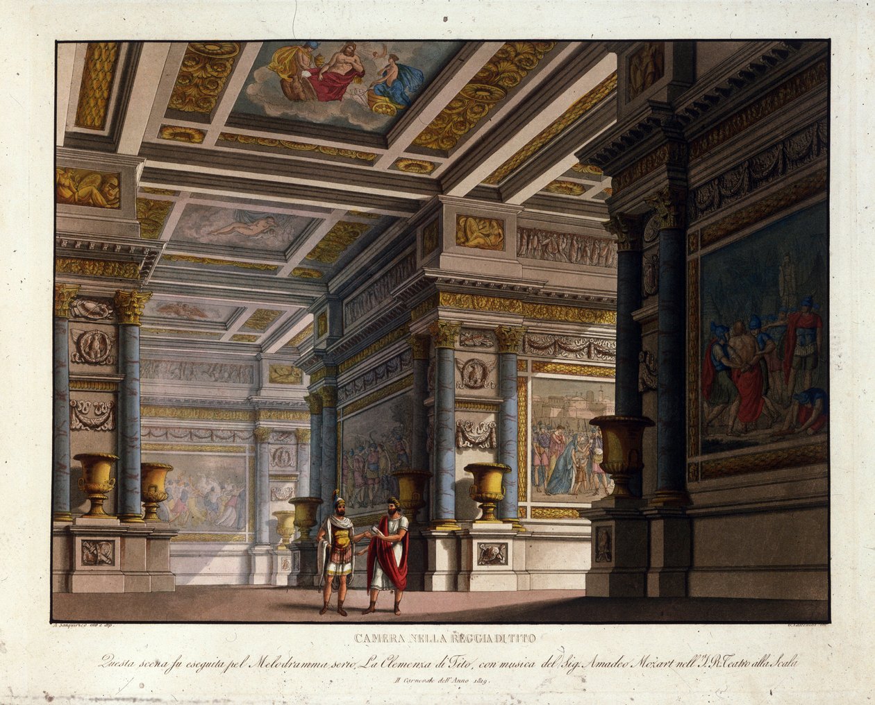 Scenografia Alessandro Sanquirico (1777-1849) do „La Clemence de Tito” Wolfganga Amadeusza Mozarta (1756-1791) wspina się do La Scali w Mediolanie w 1819 roku i reprezentuje pokój w Pałacu Królewskim Tito autorstwa Alessandro Sanquirico