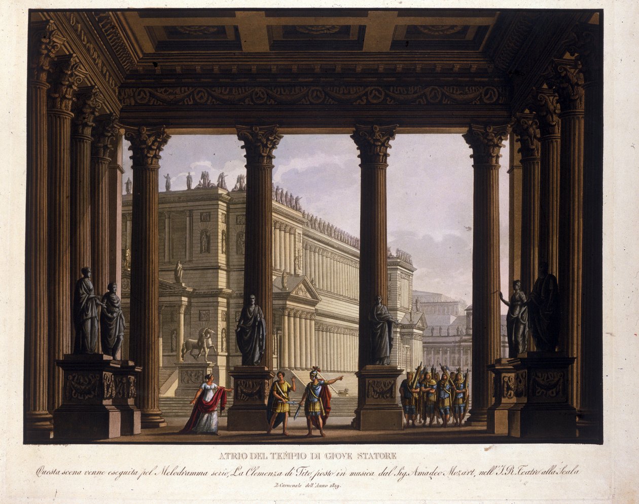 Scenografia Alessandro Sanquirico (1777-1849) do „Łaskawości Tito” Wolfganga Amadeusza Mozarta (1756-1791) wspina się do La Scali w Mediolanie w 1819 roku i reprezentuje atrium świątyni Jowisza Stator Statore: Sekstus zostaje zatrzymany; zachować Viterli autorstwa Alessandro Sanquirico