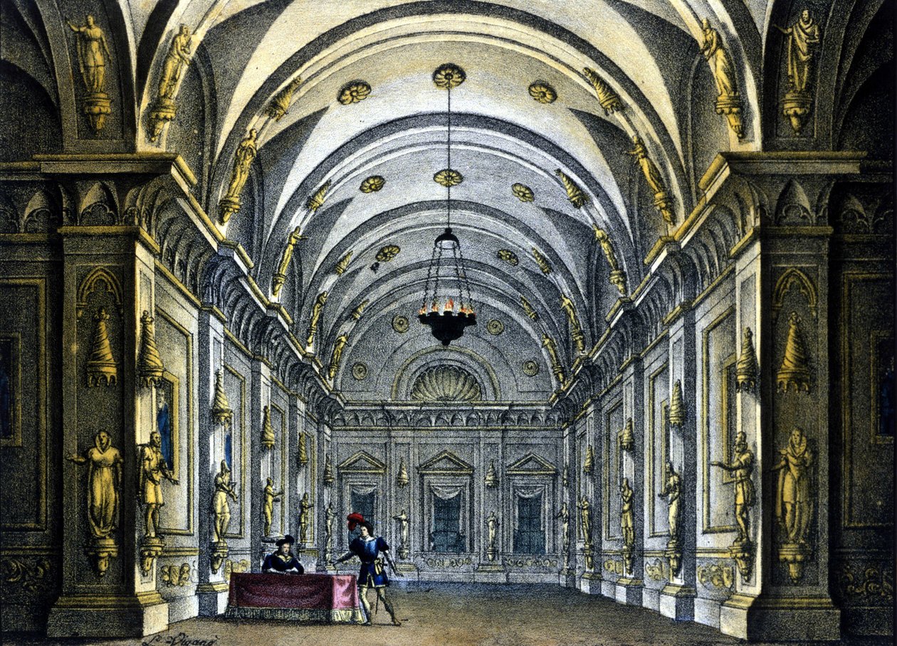 Scenografia Sanquirico do opery „Anna Bolena” Gaetano Donizettiego (1797-1848) reprezentowanej w Teatro Carcano w Mediolanie autorstwa Alessandro Sanquirico