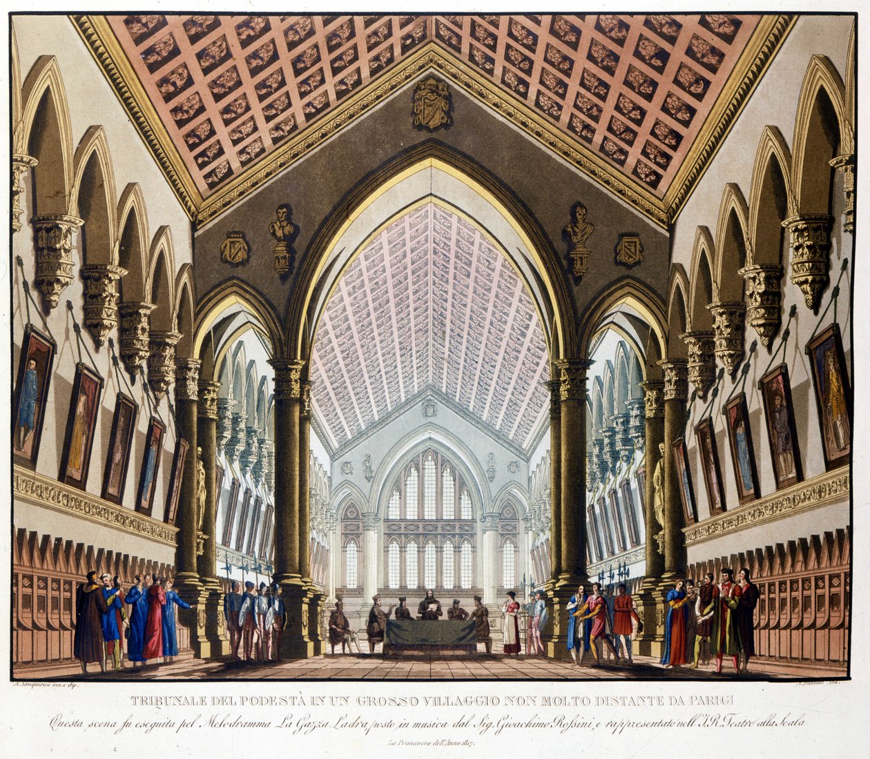 Scenografia Sanquirico do opery „La gazza ladra” Gioacchino Rossiniego reprezentowanej w Teatro alla Scala w Mediolanie w 1817 r.: Tribunal du Podestat pod Paryżem. autorstwa Alessandro Sanquirico